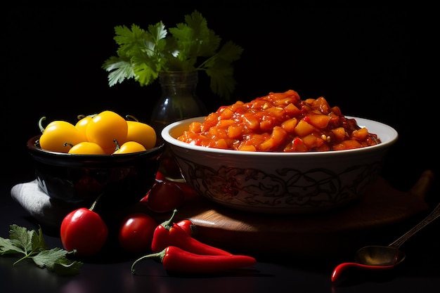 un plato de frijoles y tomates con un plato de frijoles y un plato de chile.