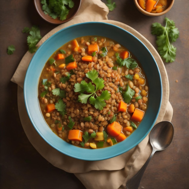 Un plato de frijoles y zanahorias con una cuchara en una mesa.