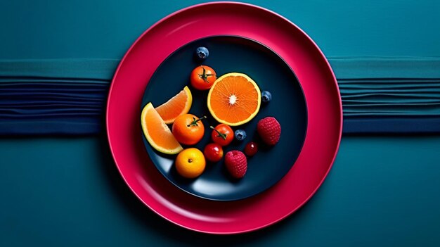 Foto un plato de fruta con borde azul y borde rojo.