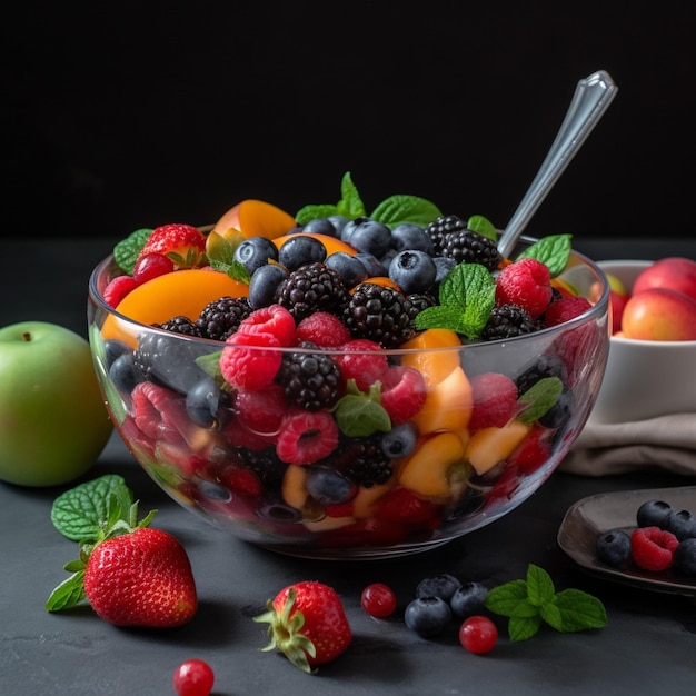 Un plato de fruta con una cuchara al lado.