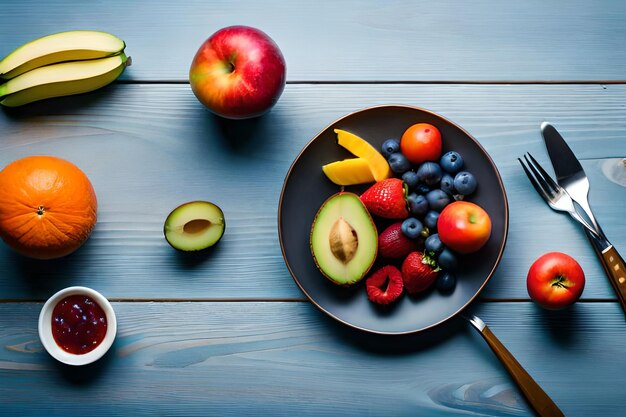 Foto un plato de fruta con una cuchara sobre la mesa