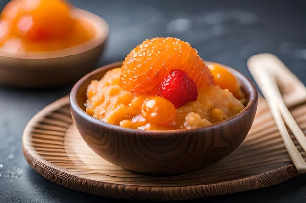 un plato de fruta con una cuchara a su lado