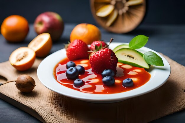 un plato de fruta con una ensalada de fruta en él