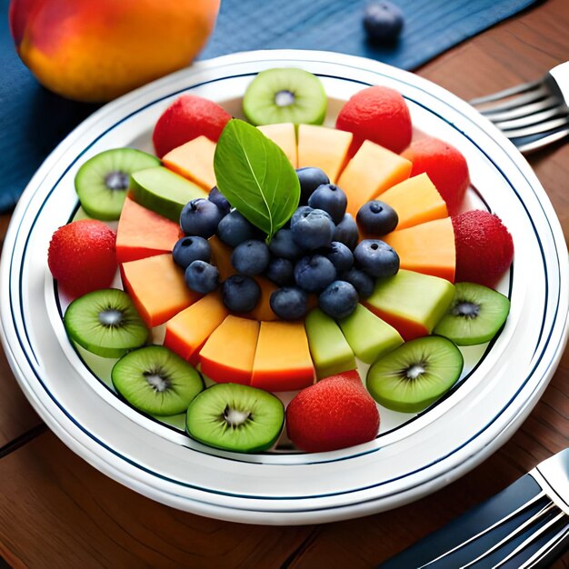 Un plato de fruta está sobre una mesa con un mantel azul y un plato de fruta.