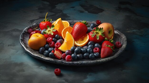 Un plato de fruta con un fondo azul.