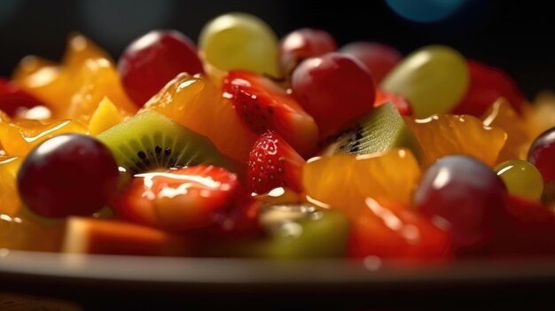 Un plato de fruta con un fondo negro.