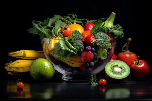 Un plato de fruta con un fondo negro.