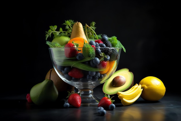 Un plato de fruta con un fondo negro.