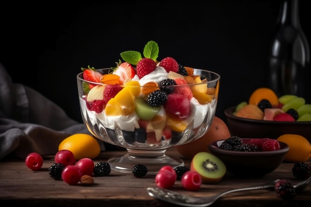 Un plato de fruta con un fondo negro.