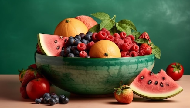 Un plato de fruta con un fondo verde.