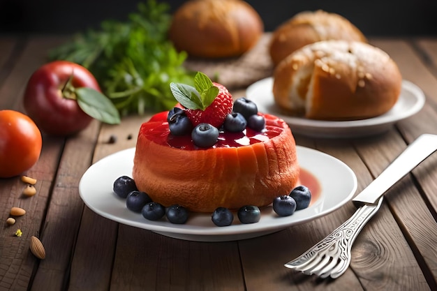 Un plato de fruta con una fresa encima.