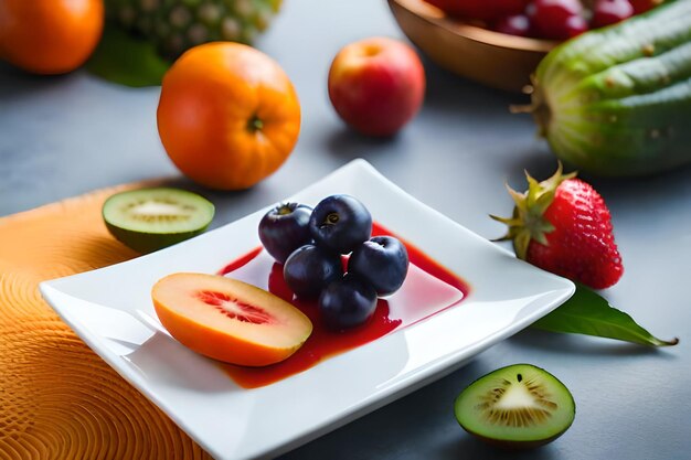 un plato de fruta con una fruta en él