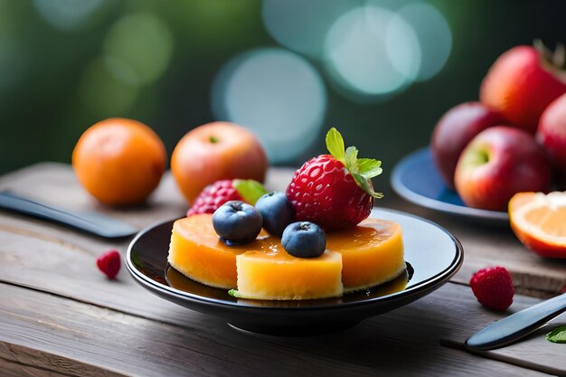 un plato de fruta con una fruta en él