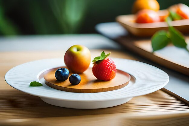 un plato de fruta con una de las frutas encima