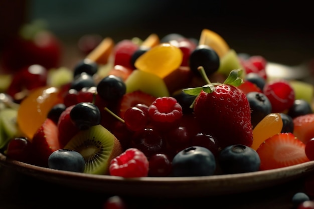 Un plato de fruta con una hoja verde