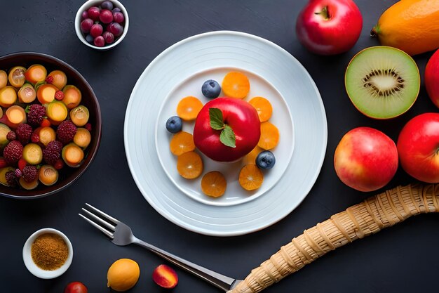 Foto un plato de fruta con una horquilla y un plito de fruta en él