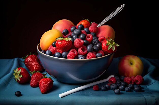 Un plato de fruta en una mesa con una cuchara