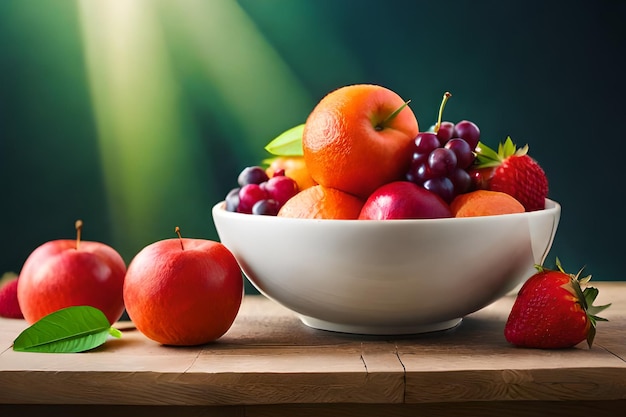 Un plato de fruta en una mesa con un fondo verde