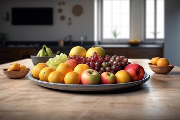 Un plato de fruta en una mesa con un televisor de fondo.