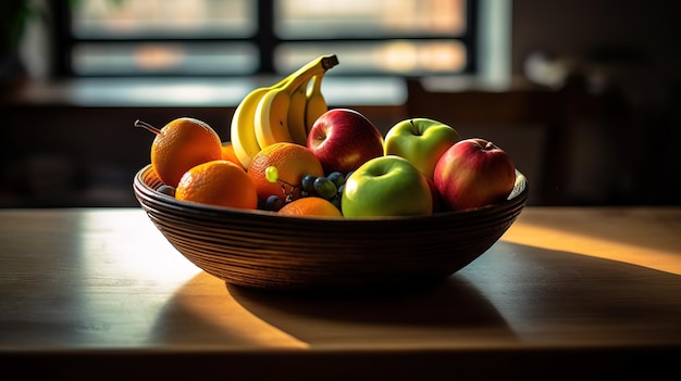 Un plato de fruta en una mesa con una ventana detrás