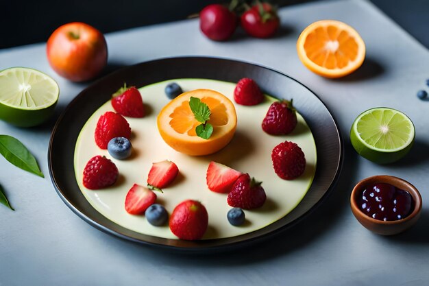 un plato de fruta con un montón de bayas