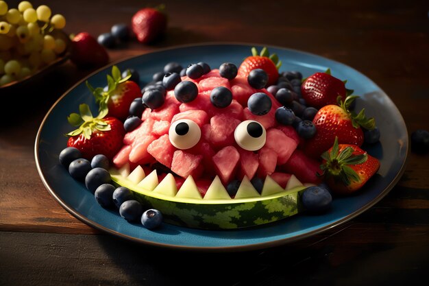 Un plato de fruta con ojos y dientes.