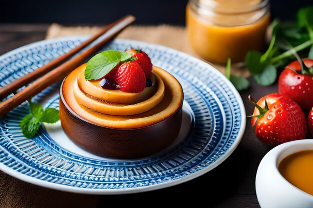 un plato de fruta y un par de palillos en una mesa.