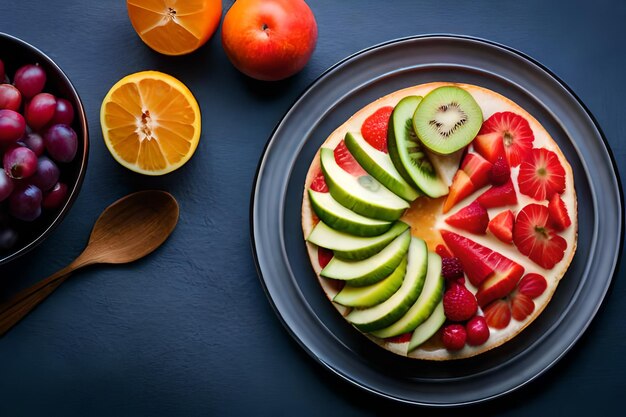 un plato de fruta y un pastel con fresas y rebanadas de naranja.