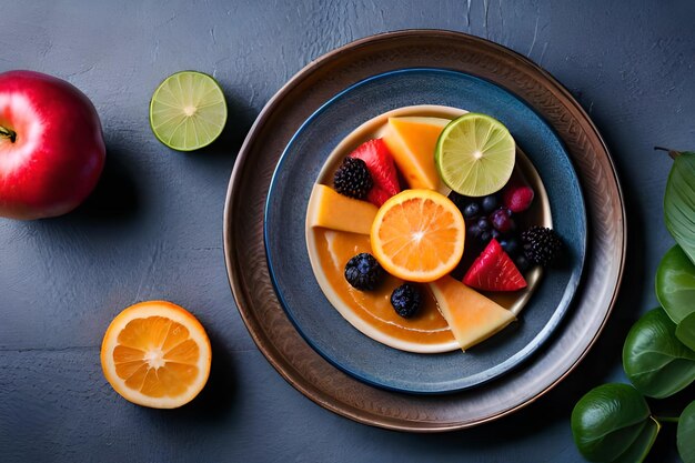 Foto un plato de fruta con un plato de fruta encima