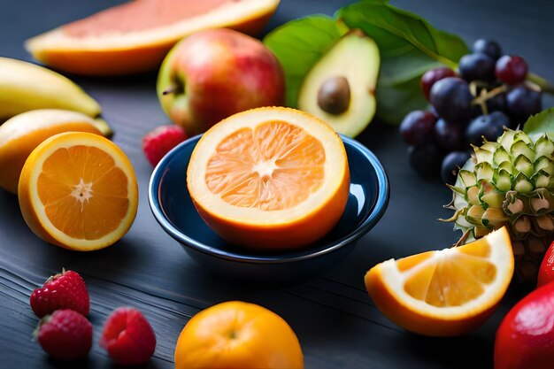 un plato de fruta y un pomelo