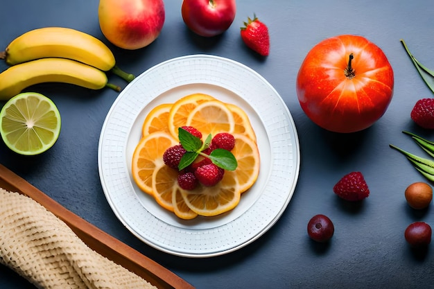 un plato de fruta con un racimo de plátanos encima