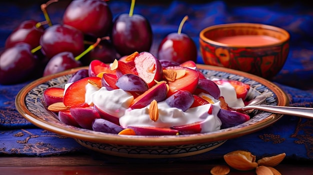 Un plato de fruta con yogur y cerezas