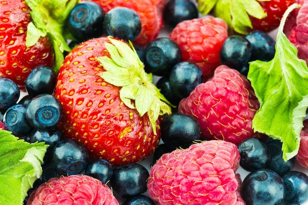 Un plato de frutas con arándanos y fresas.