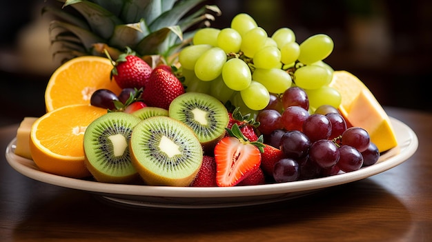 Un plato de frutas artísticamente arreglado con uvas