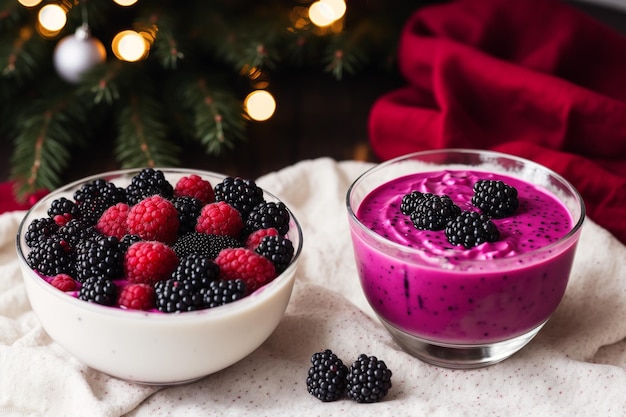 Un plato de frutas y bayas con un árbol de navidad al fondo