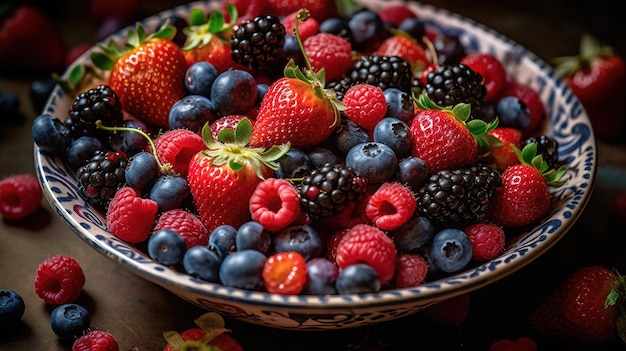 Un plato de frutas con bayas en él