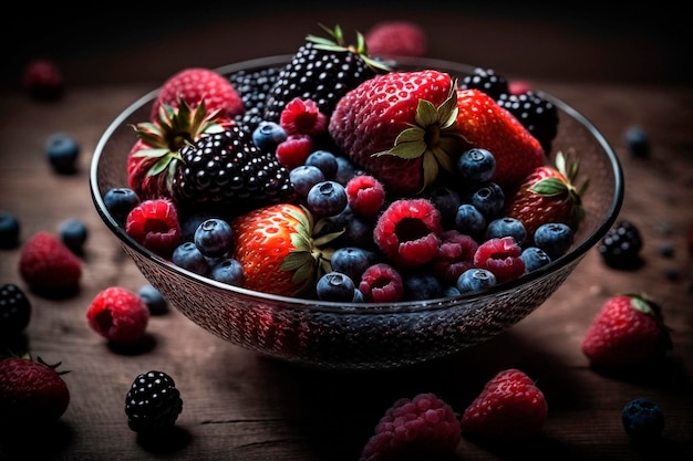 Un plato de frutas con bayas sobre la mesa.