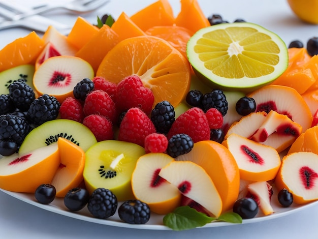 Plato de frutas y bayas variadas fresas arándanos mango naranja manzana uvas kiwis en