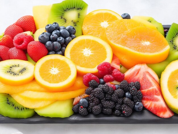 Plato de frutas y bayas variadas fresas arándanos mango naranja manzana uvas kiwis en