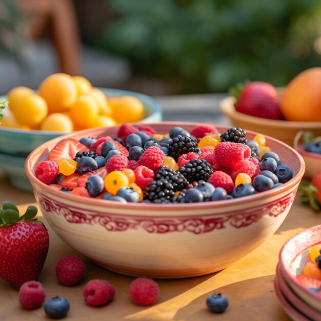 Un plato de frutas con un borde rojo y arándanos en el medio.