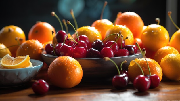 Un plato de frutas con cerezas y naranjas sobre una mesa.