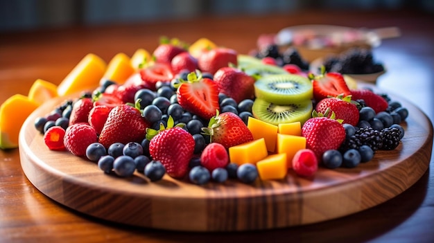 Plato de frutas de colores sobre tablero de madera