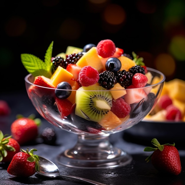 Un plato de frutas está sobre una mesa con una cuchara y un plato de frutas.