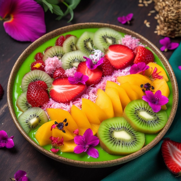 Un plato de frutas con una flor al lado.