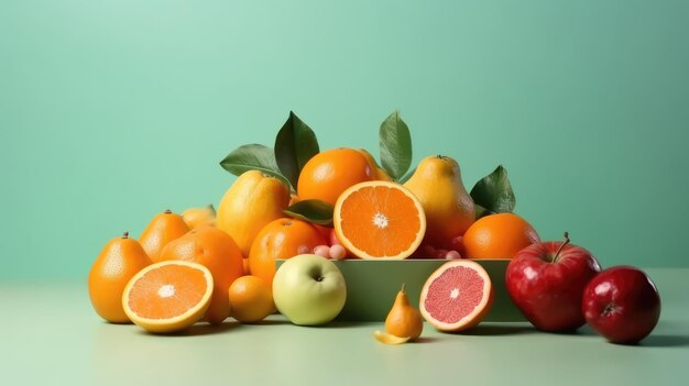 Un plato de frutas con un fondo verde y un fondo verde.