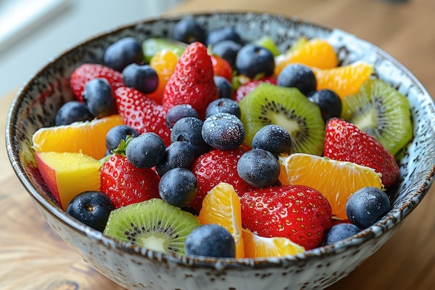 Un plato de frutas frescas, incluidas las fresas, las naranjas, los kiwis y los arándanos