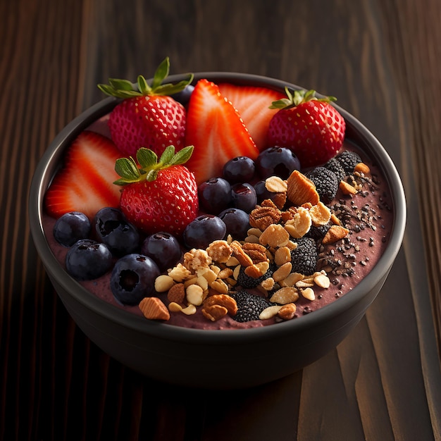 Un plato de frutas y granola con fresas y arándanos.