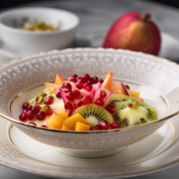 Un plato de frutas con una manzana roja en el fondo.