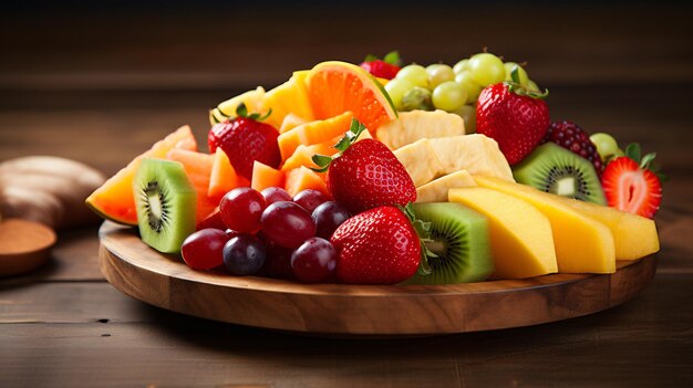 Foto el plato de frutas está en una mesa de madera de cerca