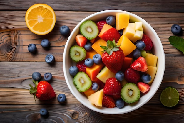 Un plato de frutas en una mesa de madera